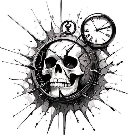 female skull, broken clock, shattered glass,  tattoo design idea
