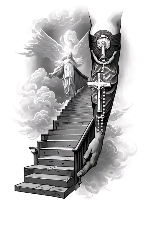 arm sleeve of stair way to heaven wrapping around arm with clouds and angles and rosary with cross tattoo design idea
