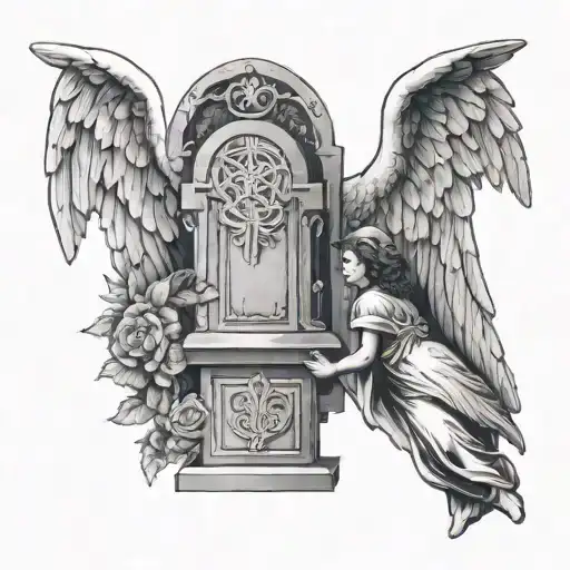 Tombstone and angel holding tattoo design idea