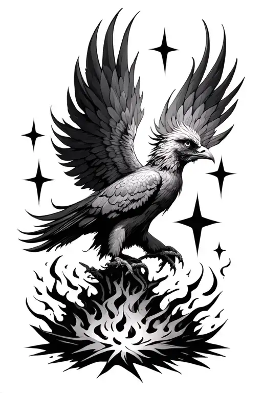 phoenix rising from ashes with stars tattoo design idea