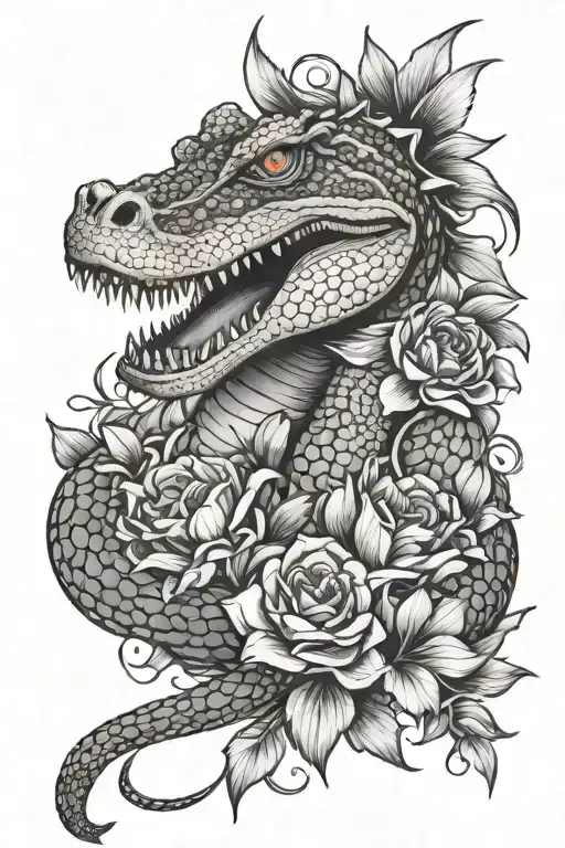 crocodile ànd flowers tattoo design idea