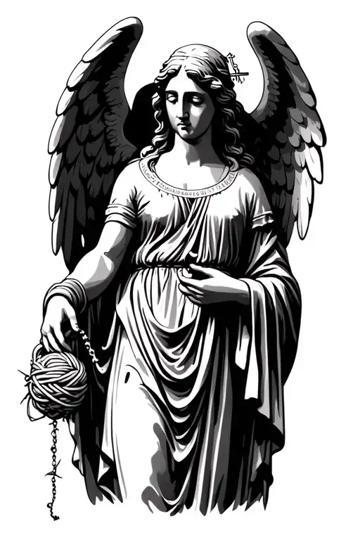 angel statue holding a yarn of thorns in one hand and a rosary in the other tattoo design idea