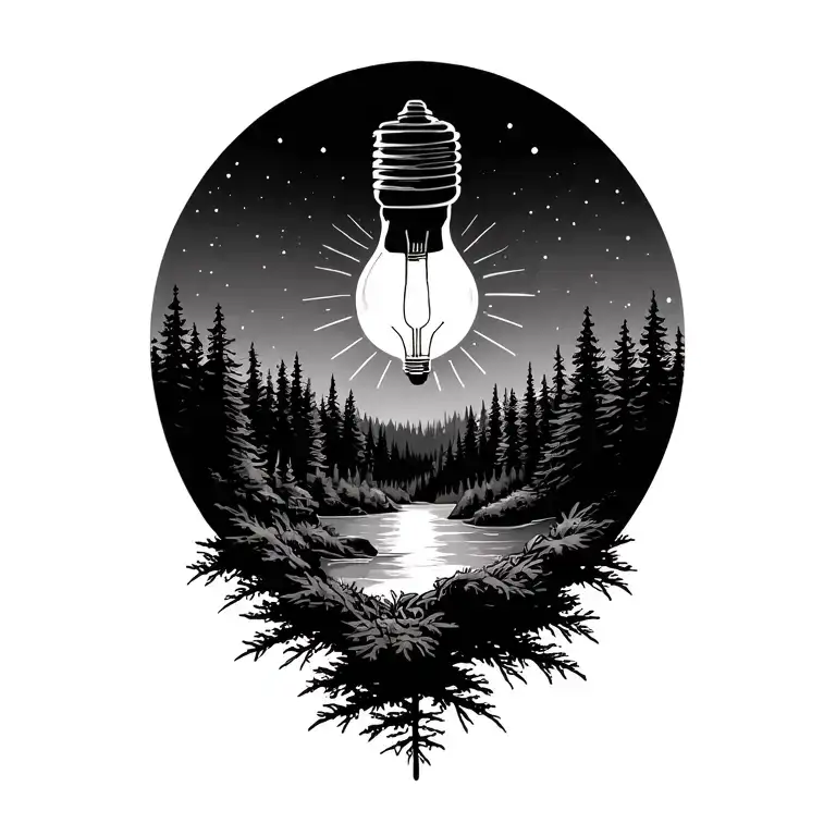 northern forest nature scene with a lightbulb above the forest as the sun  tattoo design idea