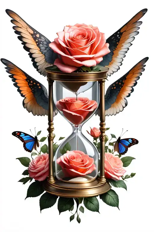 hourglass made of wilting rose butterfly and angel wings  tattoo design idea