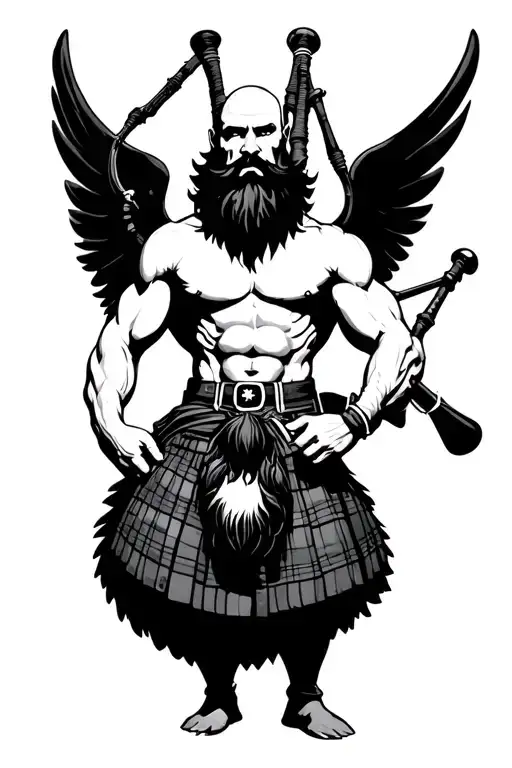 muscular bagpiper bald black beard black big wings on his back tattoo design idea
