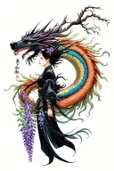 wisteria flowers cascading down side profile female ninja warrior and dragon tattoo design idea
