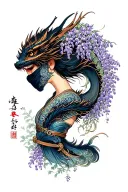 wisteria flowers cascading down side profile female ninja warrior and dragon tattoo design idea
