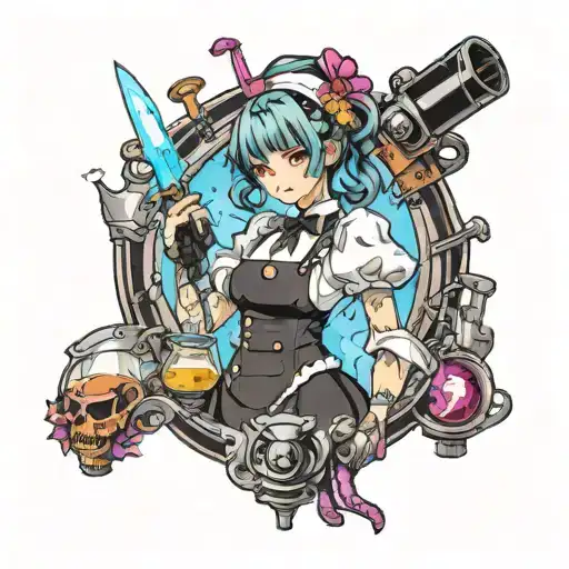 Maid Wine Anime Cyberpunk tattoo design idea