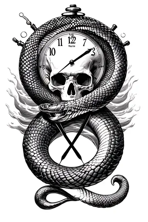 "Memento Mori Memento Vivere" "Memento Mori Memento Vivere" "Memento Mori Memento Vivere" sea snake eating its own tail in an infinity symbol, pocket watch, skull, ocean waves tattoo design idea
