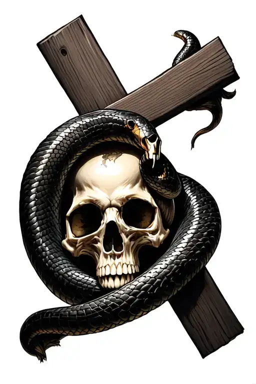 non-religious cross, impaled skull, snake coming out of the eyes of the skull, coiling around the stake to the tip tattoo design idea