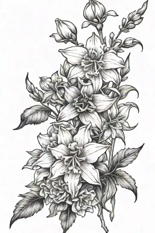 Create a tattoo with larkspur, honeysuckle, chrysanthemum, narcissus and sweet pea tattoo design idea