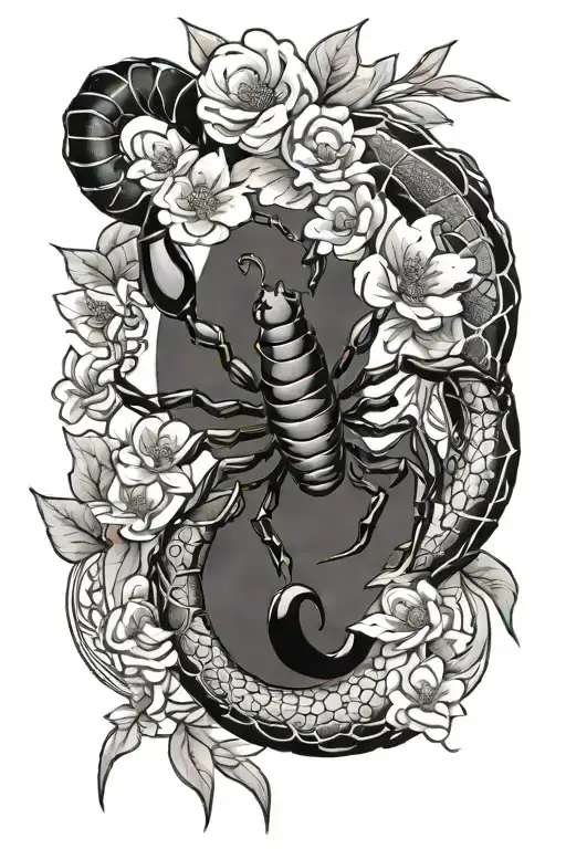flowers moon scorpion intertwined simple tattoo design idea