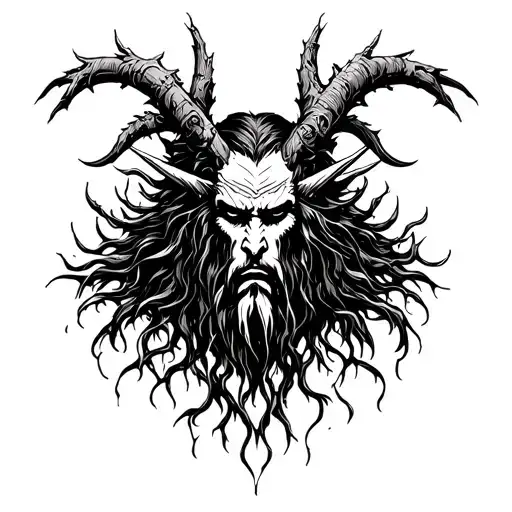 the figure of the Slavic god leshy, furious, lies and comes out of the forest tattoo design idea