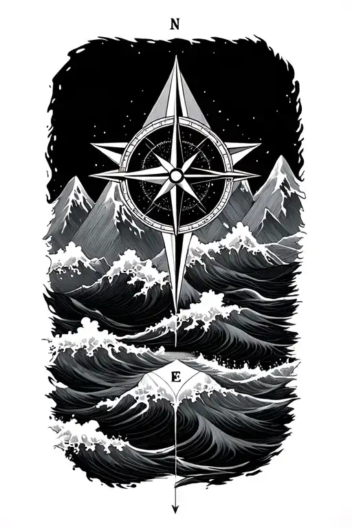 compass rose with intricate geometric mountains and waves tattoo design idea
