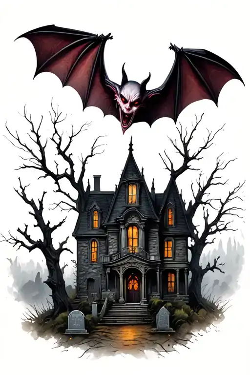 gothic vampire bat with a haunted house, dead trees and graveyard in background. gothic vampire dark atmosphere  tattoo design idea