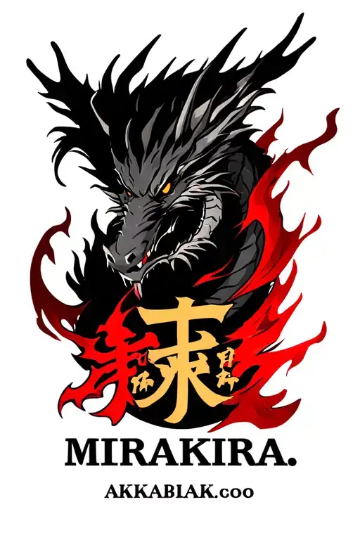 "アキラ" Red-gold fire dragons, a burning torii with 'MRAKIRA,' Akira from Tekken tattoo design idea