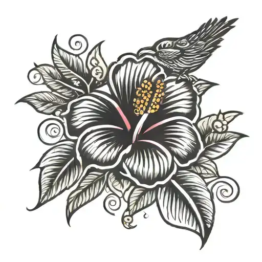 jamaican tribal, jamaican hibiscus flower with bird tattoo design idea