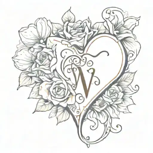 heart with names Vinicius, Davi and Isis and a bouquet of flowers tattoo design idea