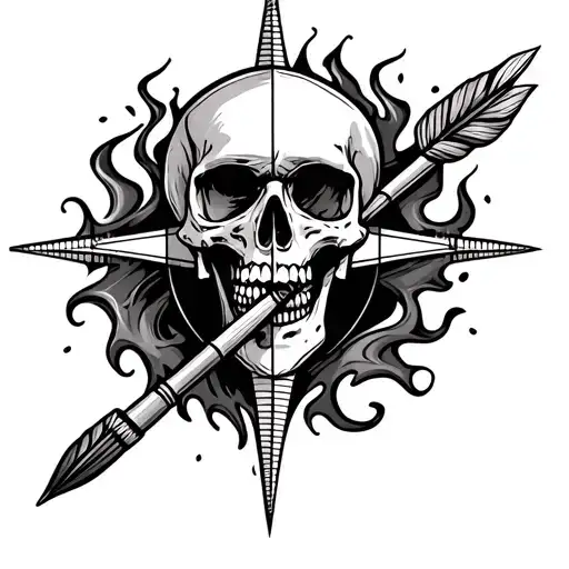 compass, darts, skull, flames shooting tattoo design idea
