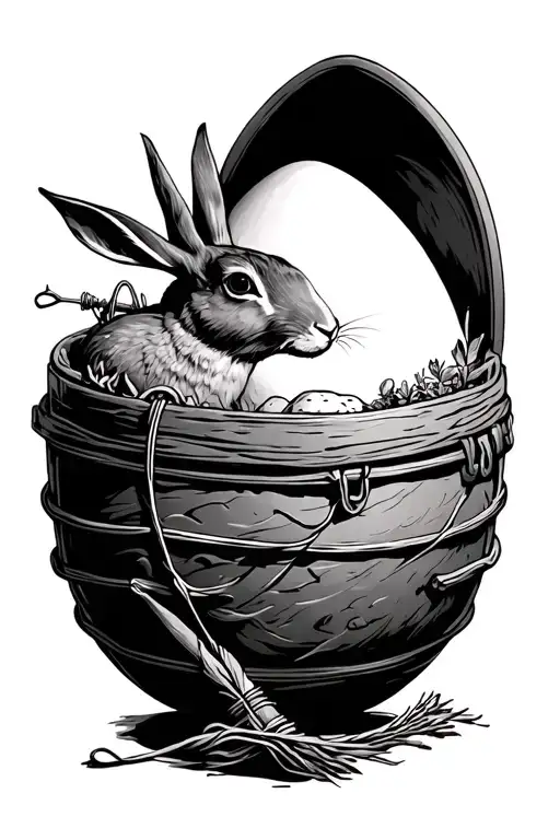 A needle with a string attached, the string goes to a chest, on its way it goes through an egg, a snare and a hare tattoo design idea