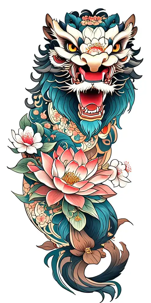 foo dog, lotus flower blooming, cherry blossoms, oni  tattoo design idea
