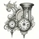 word "perspective" written vertically, Fine line tattoo, Cross, Clock, Hour glass, tattoo design idea