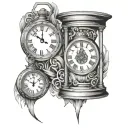 word "perspective" written vertically, Fine line tattoo, Cross, Clock, Hour glass, tattoo design idea