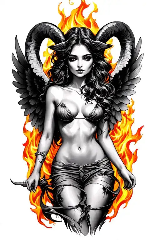aries zodiac sign sexy woman wings surrounded by fire tattoo design idea
