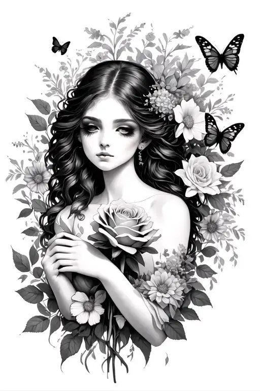 Persephone holding a dying rose and surrounded by ethereal flowers with butterflies, gaze narrow with long lashes,   tattoo design idea