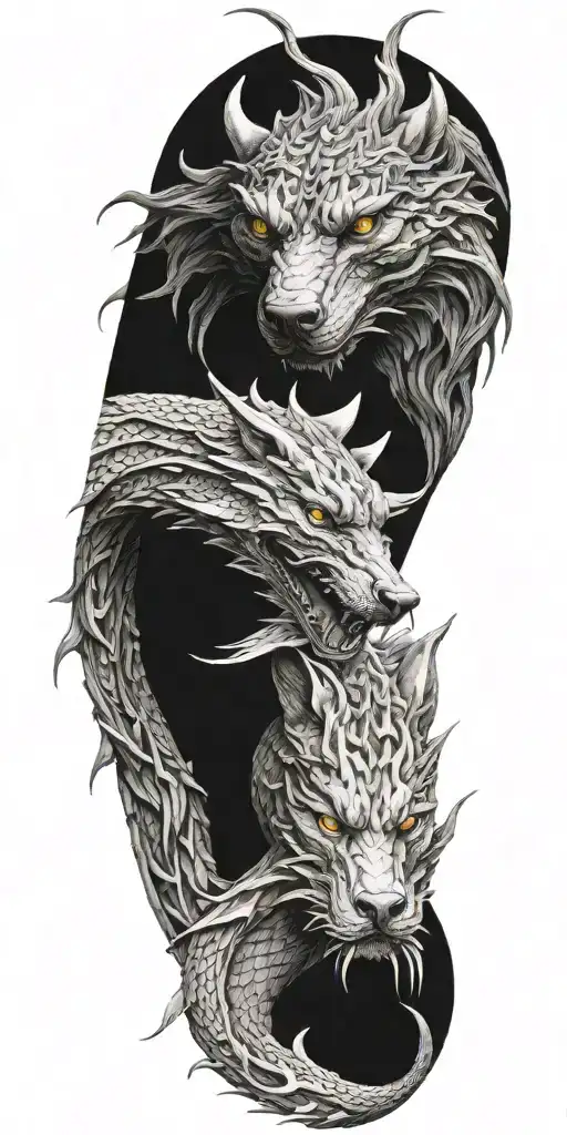 dragon intertwined wolf head tattoo design idea