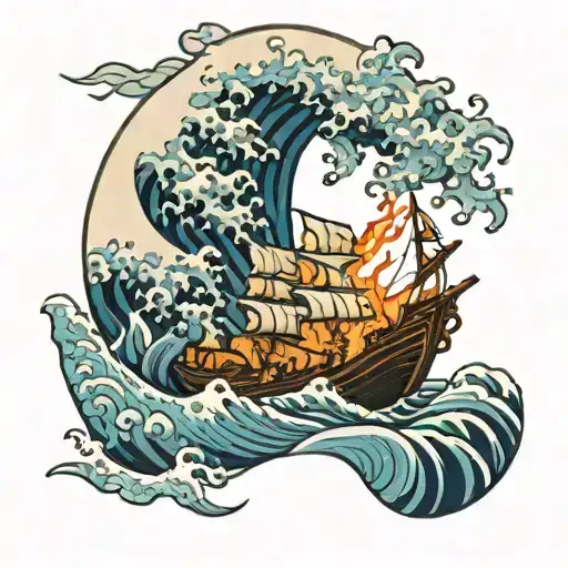 burning boat sailing on the great wave of kanagawa tattoo design idea