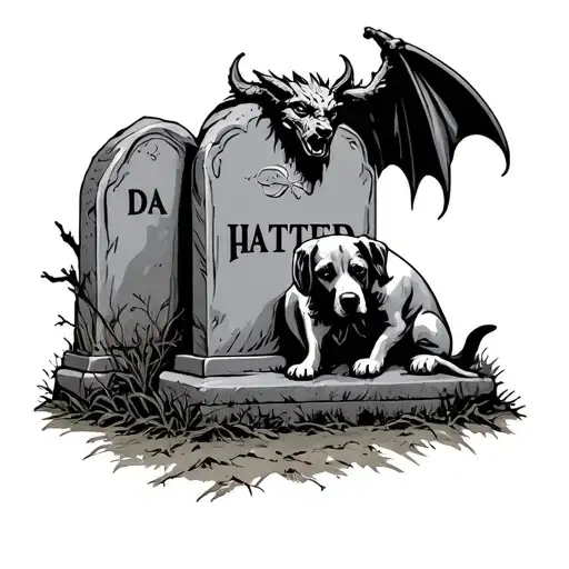 Gargoyle sitting on a headstone that says "Da Hated", and dog sitting beside the headstone being comforted by a ghost. tattoo design idea
