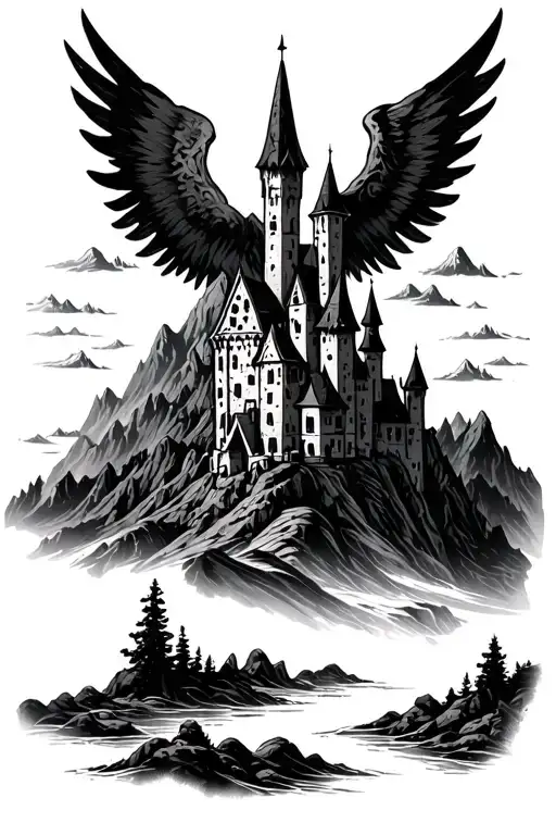 gothic castle overlooking mountains tattoo design idea