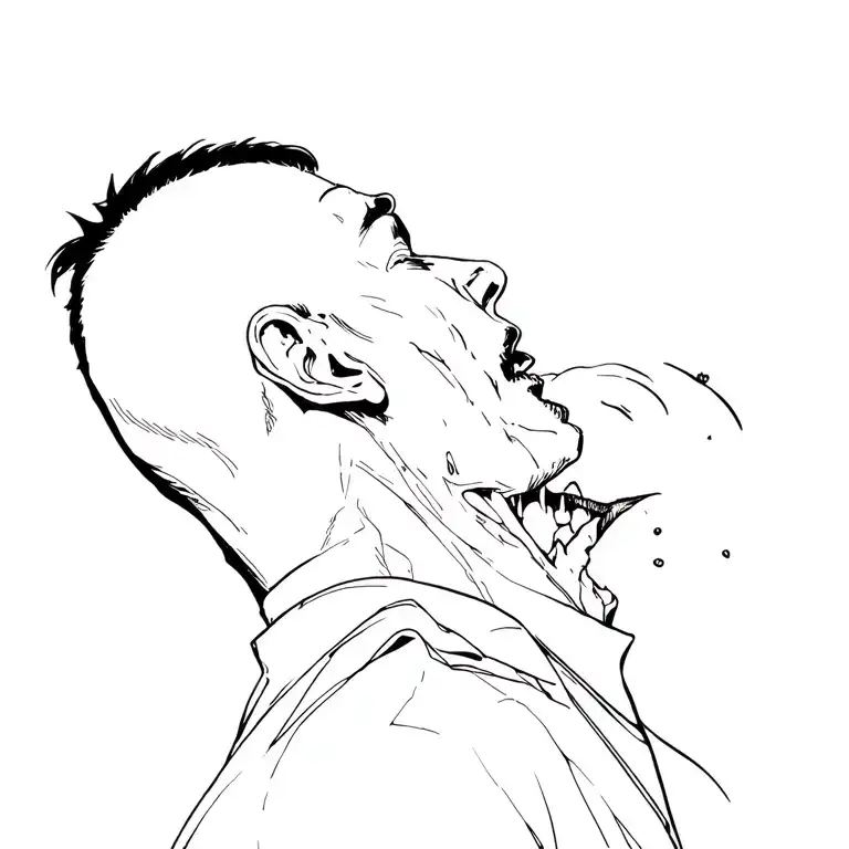 man portrait from behind with vampire who is about to bite his neck and winks tattoo design idea