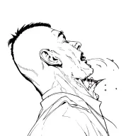 man portrait from behind with vampire who is about to bite his neck and winks tattoo design idea