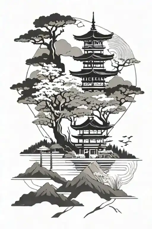 peaceful Japanese scenery tattoo design idea