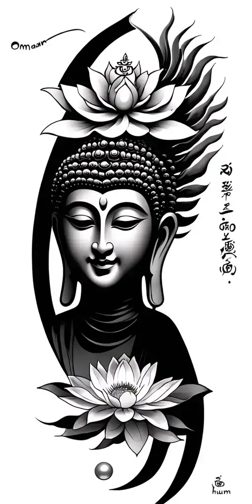 a criss-cross buddha at the top, the mantra "om mani padme hum" below that, and a lotus with a pearl in the center tattoo design idea