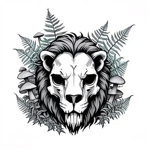lion skull with ferns mushrooms growing around him tattoo design idea