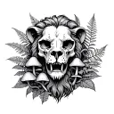 lion skull with ferns mushrooms growing around him tattoo design idea