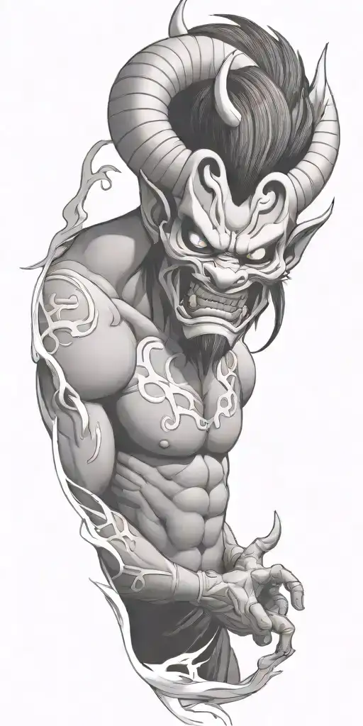 male anime character  oni mask fighting off inner demons  tattoo design idea
