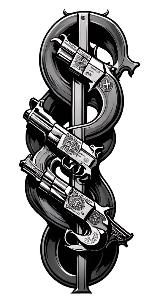 An intricate money symbol made of intertwined guns and religious icons tattoo design idea