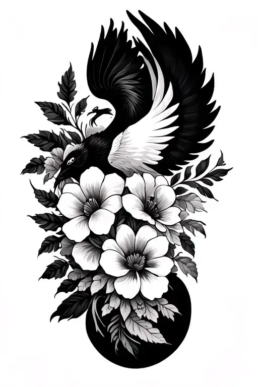 Black and white multiple flowers going across right side of chest onto the shoulder with phoenix  imbedded into the flow tattoo design idea