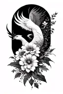 Black and white multiple flowers going across right side of chest onto the shoulder with phoenix  imbedded into the flow tattoo design idea