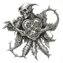 a realistic tattoo of shadowheart from Baulder's Gate playing rock paper scissors with Asatrion from Baulder's Gate tattoo design idea