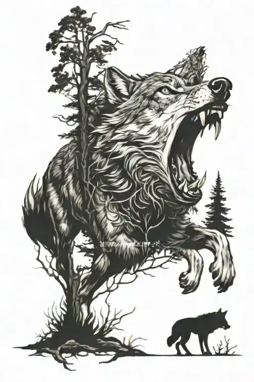 dark forest wolf growling tattoo design idea