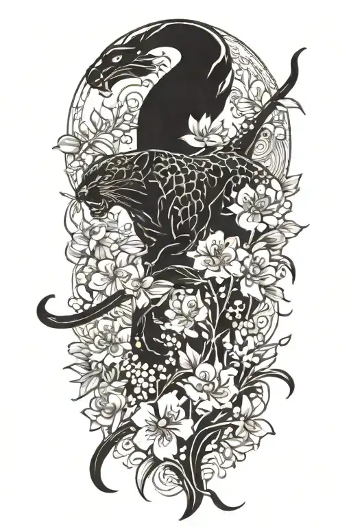 panther running with phoenix following flowers: wisteria tattoo design idea