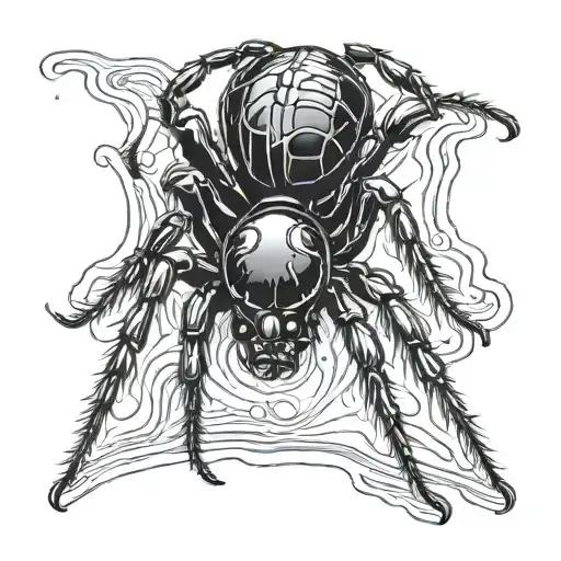 Black widow spider with its but turned down and a small web slinking down. There is a ripple of water from the middle wh tattoo design idea