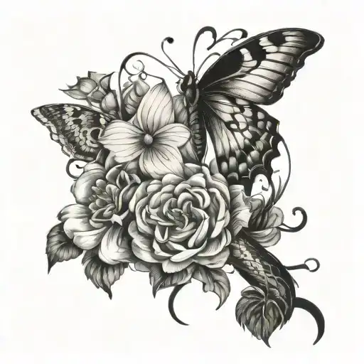 flowers, butterflies, snake wrapped tattoo design idea