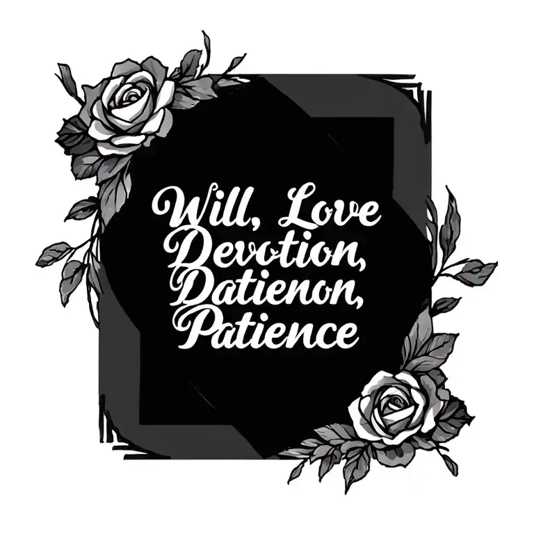 "Will, Love, Devotion, Patience" text 'Will, Love, Devotion, Patience' tattoo design idea
