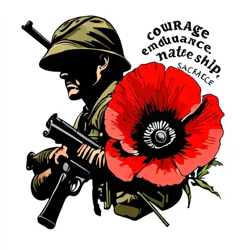 An Anzac soldier silhouette with gun wrapped in a bright red poppy. the words courage, endurance, mate ship sacrafice  tattoo design idea